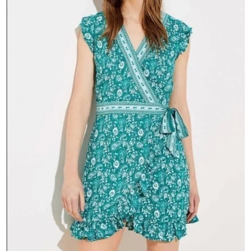 Loft Romper Women 16 Green Faux Wrap Paisley‎ Ruffle Skort Summer Relax Romantic
